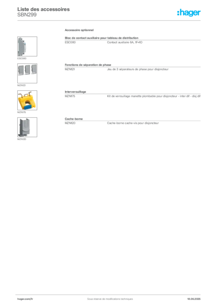 Image Hager Fiche technique du produit SBN299 | Hager France