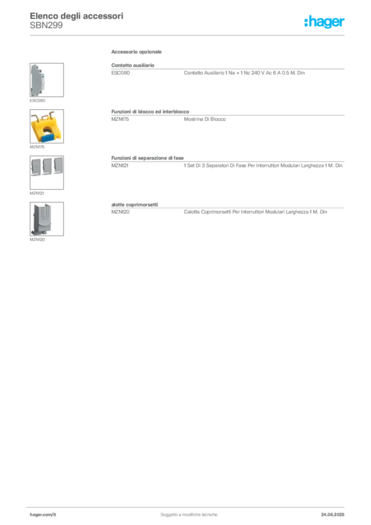 Immagine Hager Scheda tecnica del prodotto SBN299 | Hager Italia