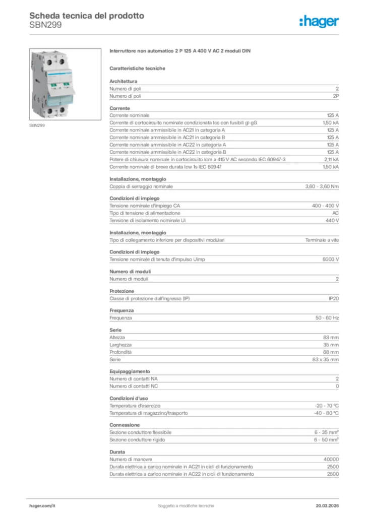 Immagine Hager Scheda tecnica del prodotto SBN299 | Hager Italia