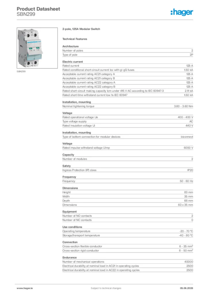 Image Hager Product data sheet SBN299  | Hager