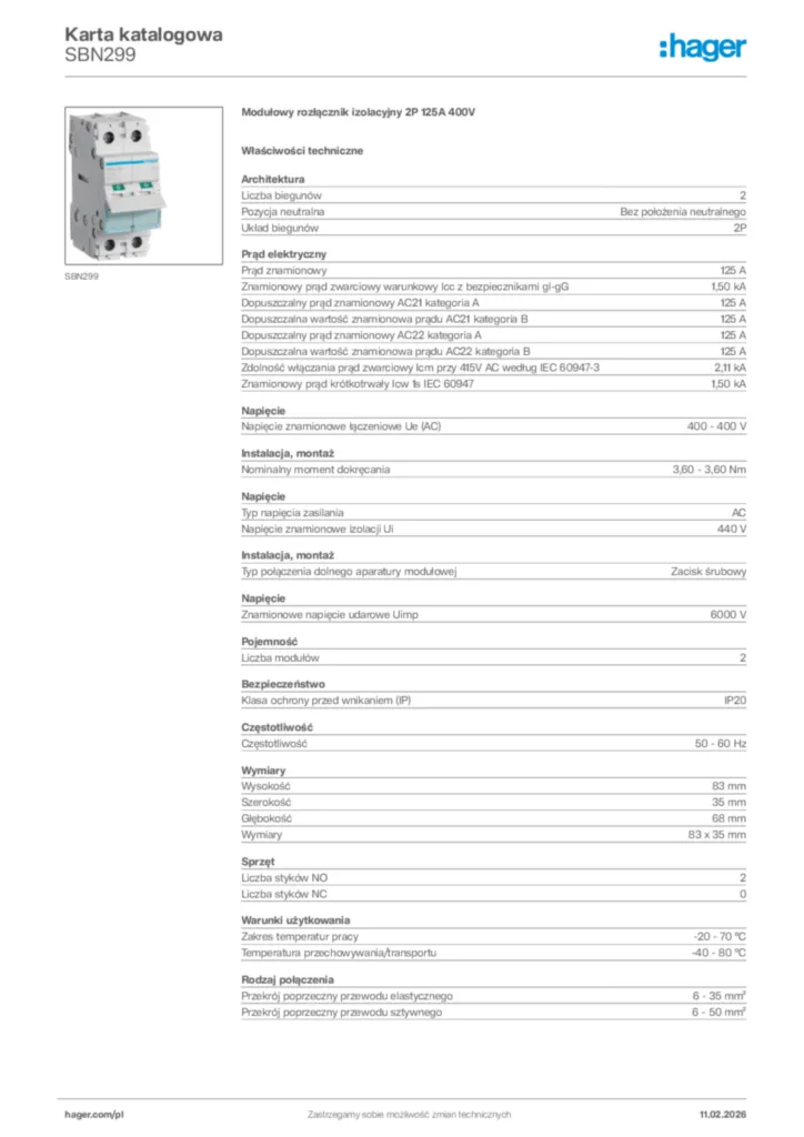 Zdjęcie Hager Karta katalogowa SBN299 | Hager Polska