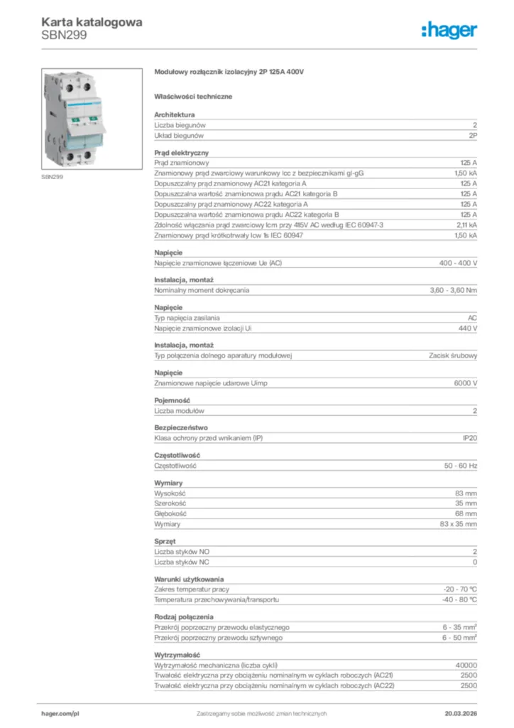 Zdjęcie Hager Karta katalogowa SBN299 | Hager Polska