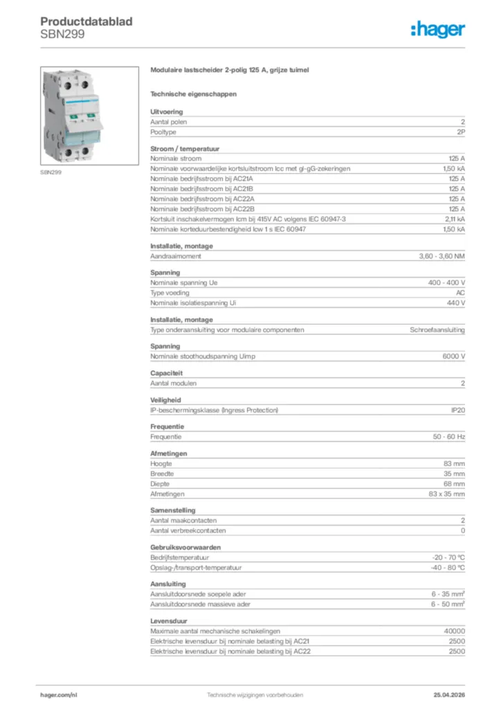 Afbeelding Hager Productdatablad SBN299 | Hager Nederland