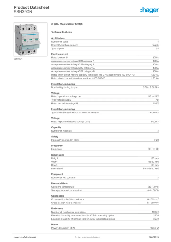 Image Hager Product data sheet SBN390N  | Hager