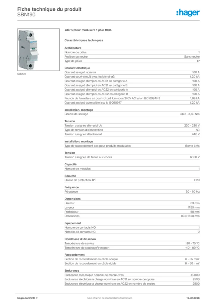 Image Hager Fiche technique du produit SBN190 | Hager Afrique