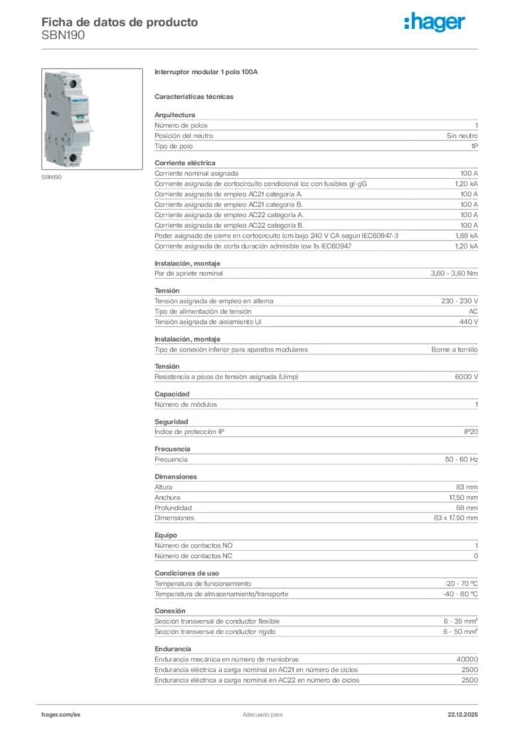 Imagen Hager Ficha de datos de producto SBN190 | Hager España