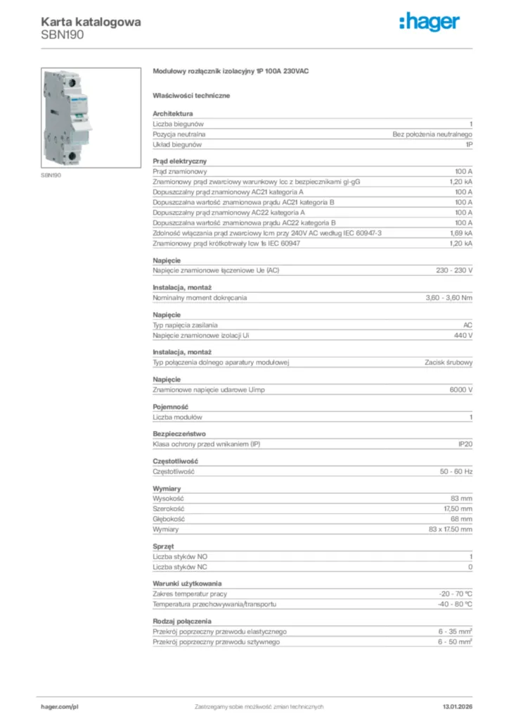Zdjęcie Hager Karta katalogowa SBN190 | Hager Polska