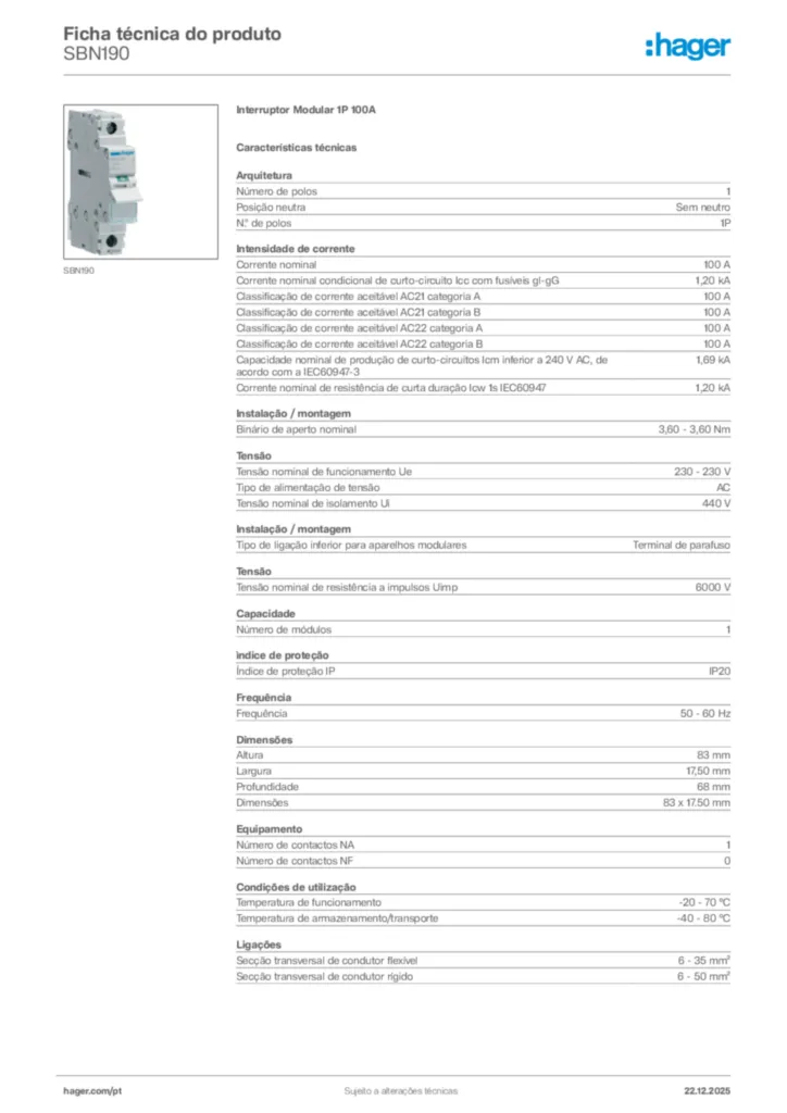 Imagem Hager Ficha técnica do produto SBN190 | Hager Portugal