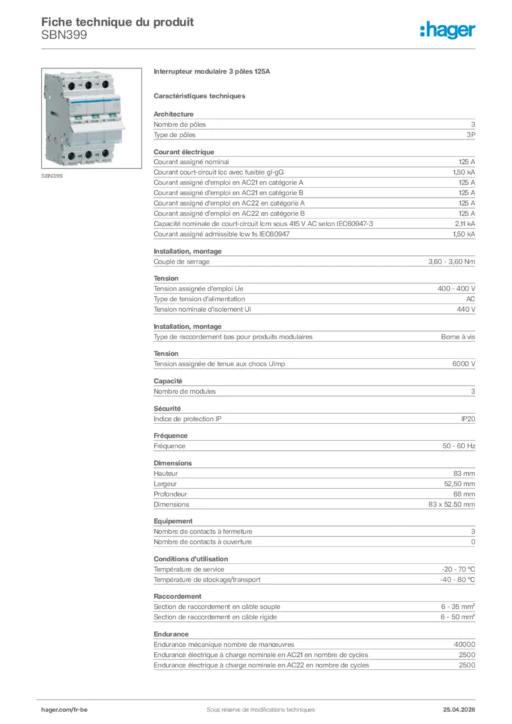 Image Hager Fiche technique du produit SBN399 | Hager Belgique