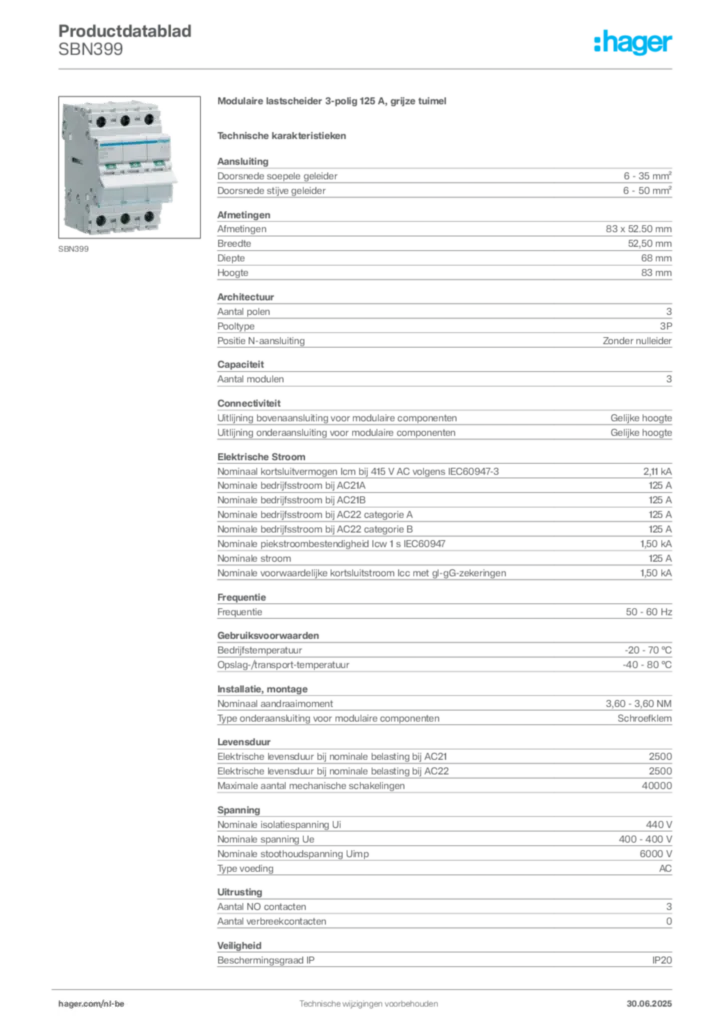 Afbeelding Hager Productdatablad SBN399 | Hager Belgium