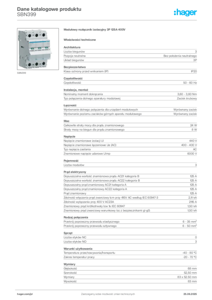 Zdjęcie Hager Dane katalogowe produktu SBN399 | Hager Polska