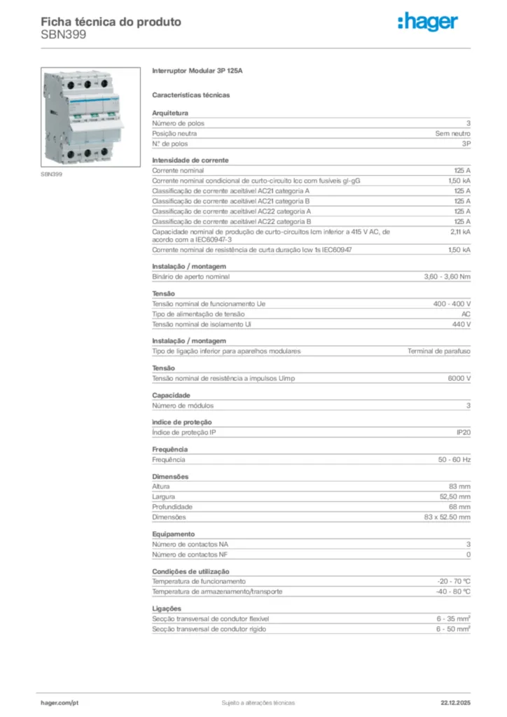 Imagem Hager Ficha técnica do produto SBN399 | Hager Portugal