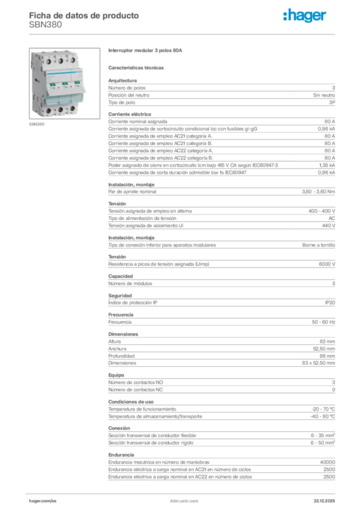 Imagen Hager Ficha de datos de producto SBN380 | Hager España