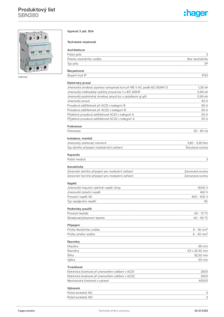 Obrázek Hager Product data sheet SBN380 | Hager