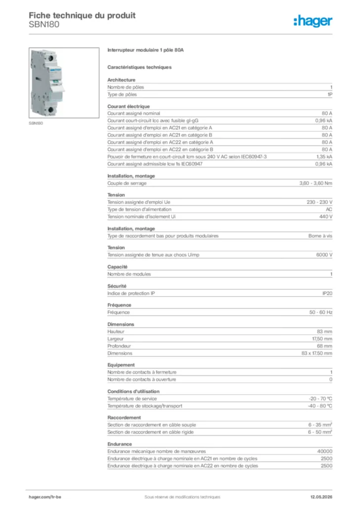 Image Hager Fiche technique du produit SBN180 | Hager Belgique