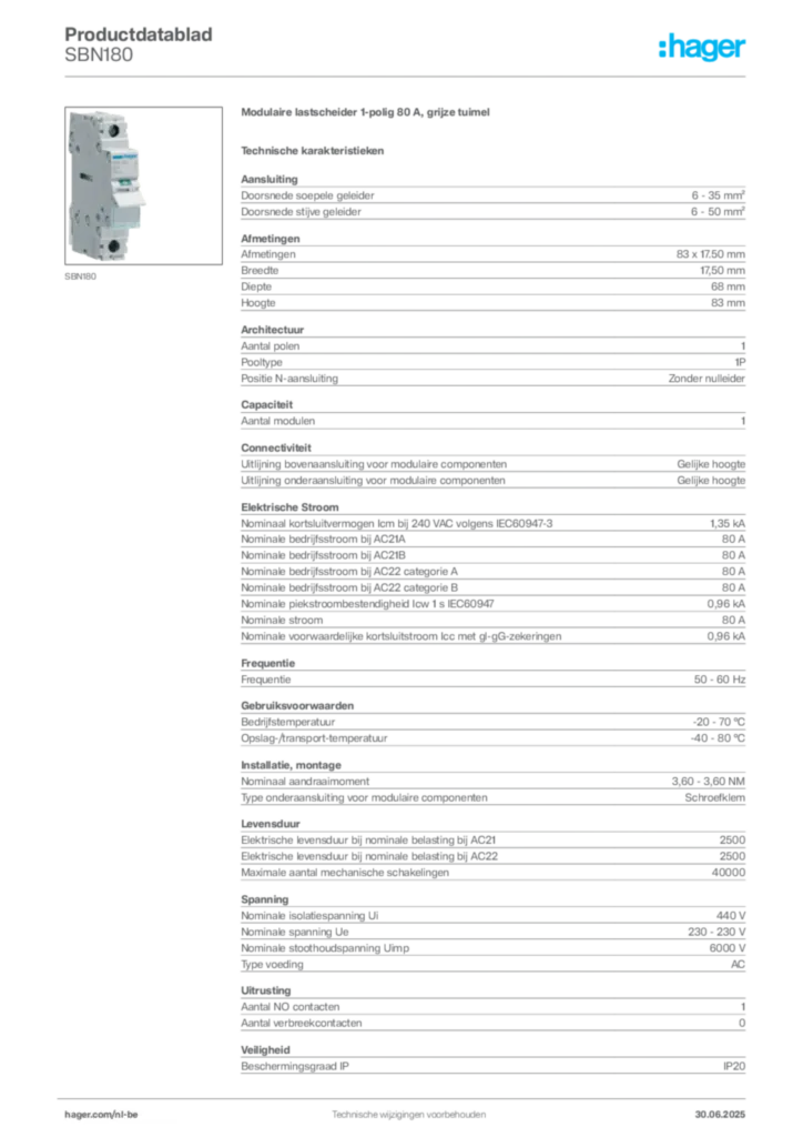 Afbeelding Hager Productdatablad SBN180 | Hager Belgium
