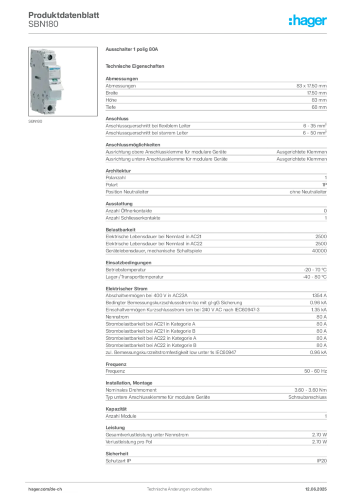 Bild Hager Produktdatenblatt SBN180 | Hager Schweiz