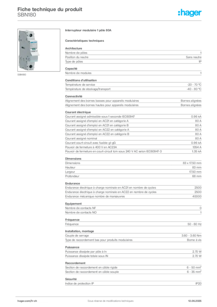 Image Hager Fiche technique du produit SBN180 | Hager Suisse