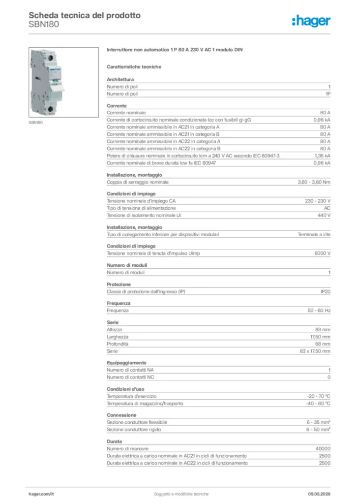 Immagine Hager Scheda tecnica del prodotto SBN180 | Hager Italia