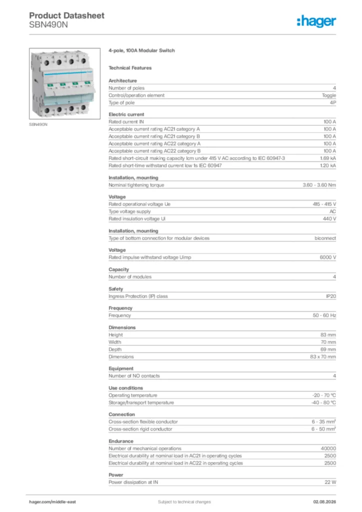 Image Hager Product data sheet SBN490N  | Hager
