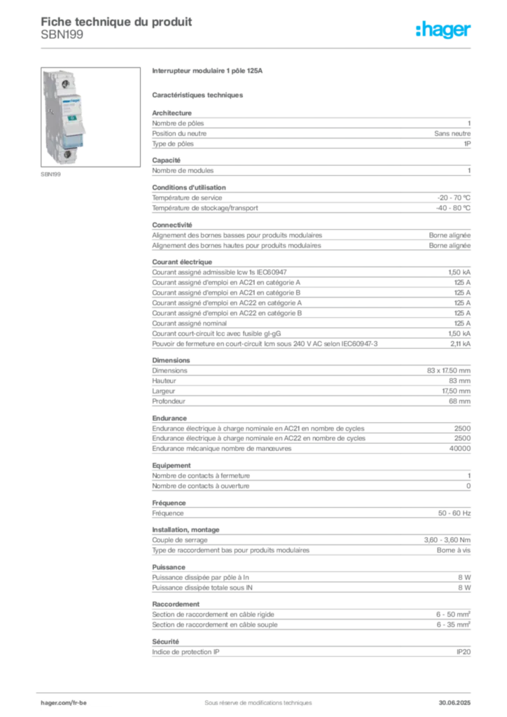 Image Hager Fiche technique du produit SBN199 | Hager Belgique