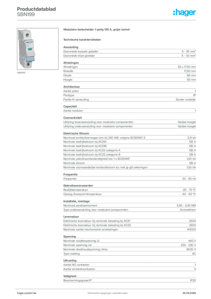 Afbeelding Hager Productdatablad SBN199 | Hager Belgium