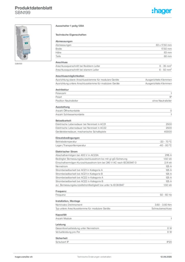 Bild Hager Produktdatenblatt SBN199 | Hager Schweiz