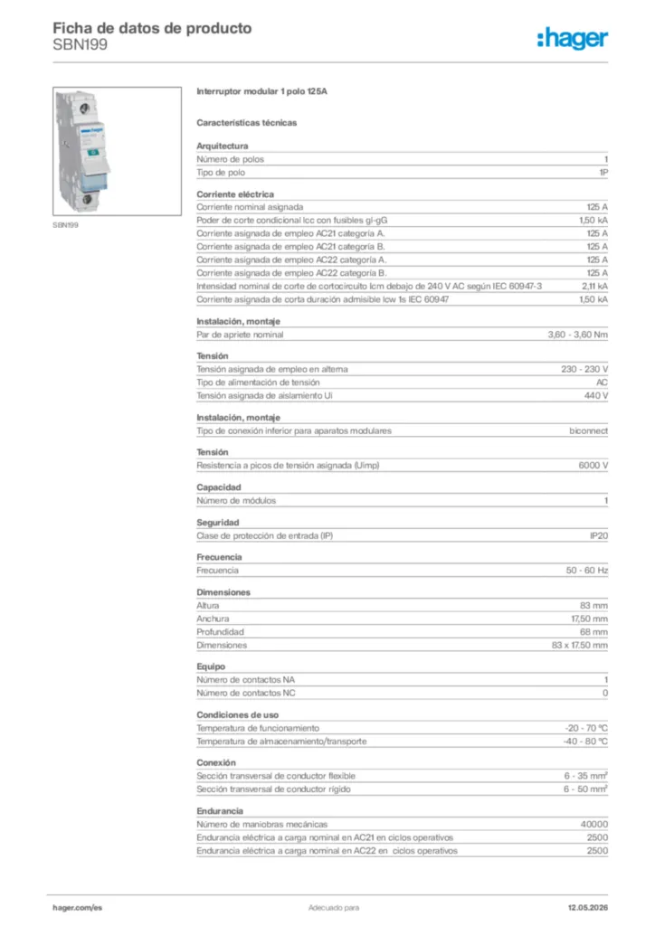 Imagen Hager Ficha de datos de producto SBN199 | Hager España