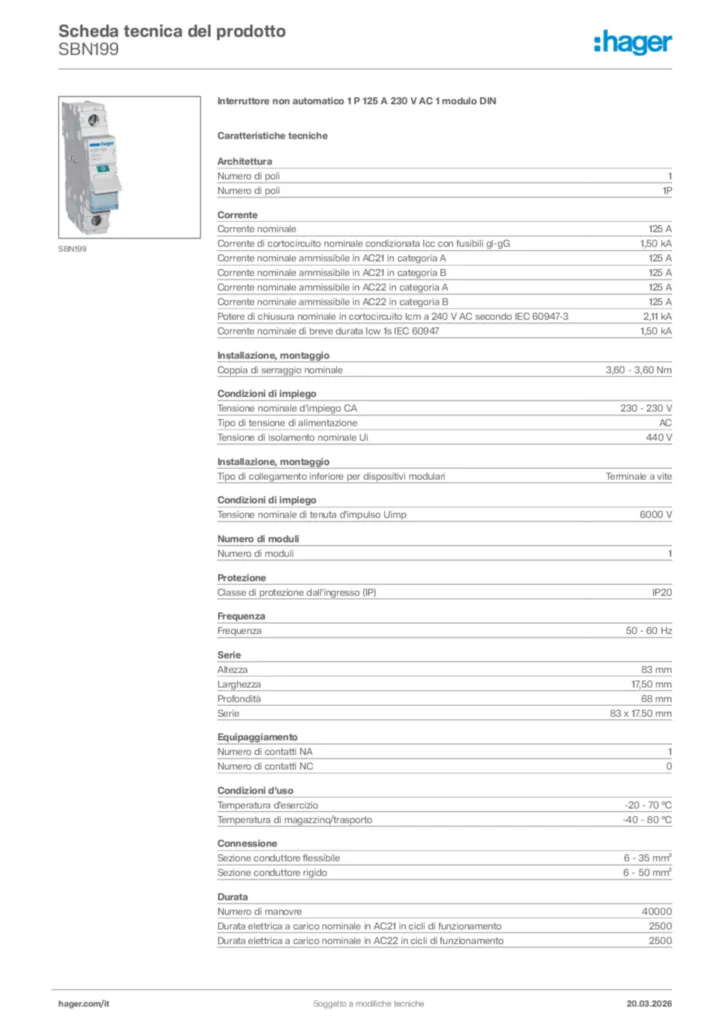 Immagine Hager Scheda tecnica del prodotto SBN199 | Hager Italia