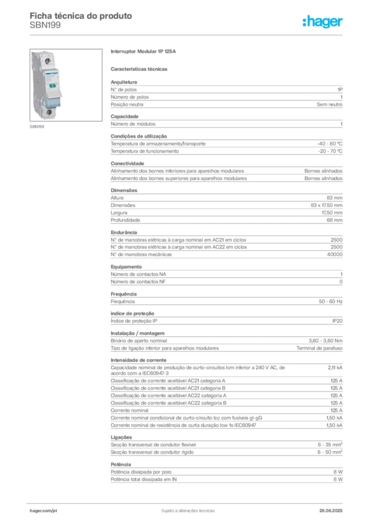 Imagem Hager Ficha técnica do produto SBN199 | Hager Portugal