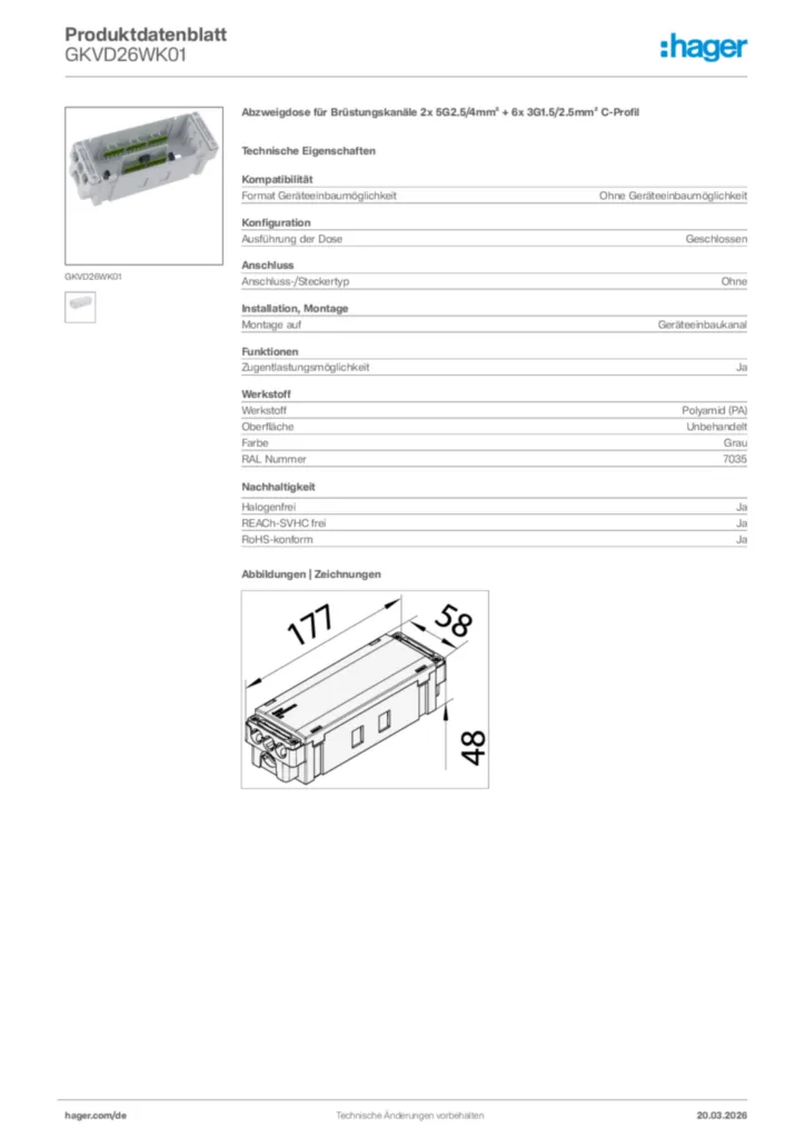 Bild Hager Produktdatenblatt GKVD26WK01 | Hager Deutschland