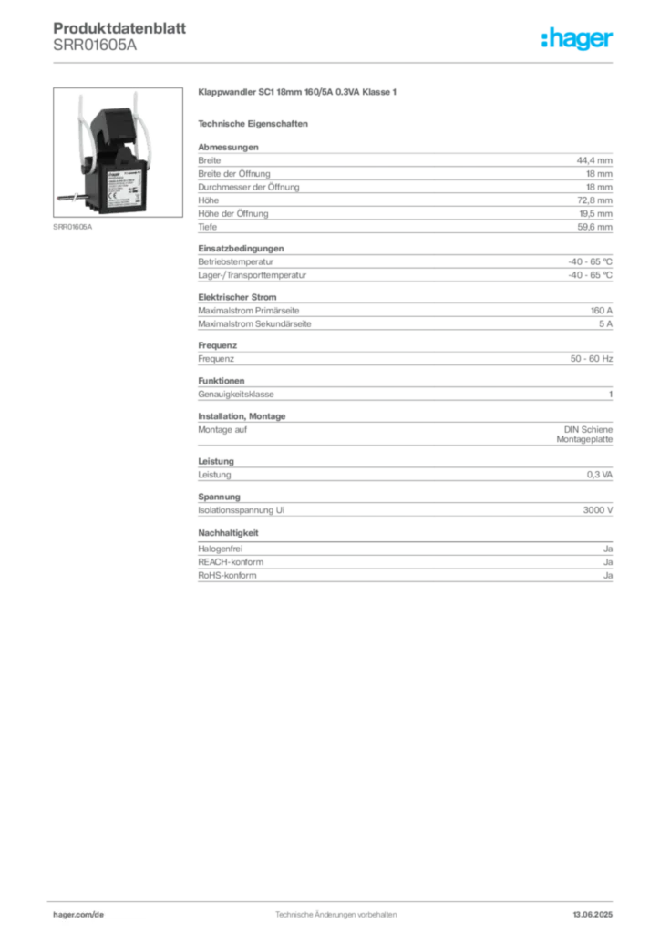 Bild Hager Produktdatenblatt SRR01605A | Hager Deutschland