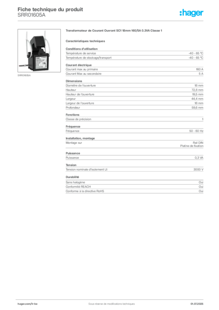 Image Hager Fiche technique du produit SRR01605A | Hager Belgique