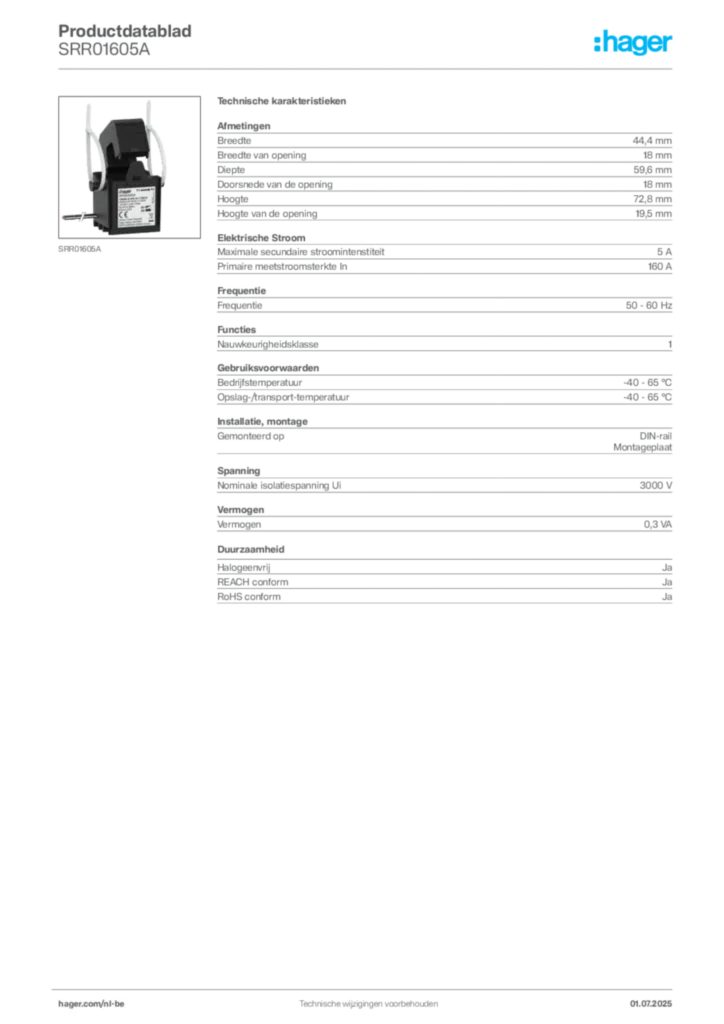 Afbeelding Hager Productdatablad SRR01605A | Hager Belgium
