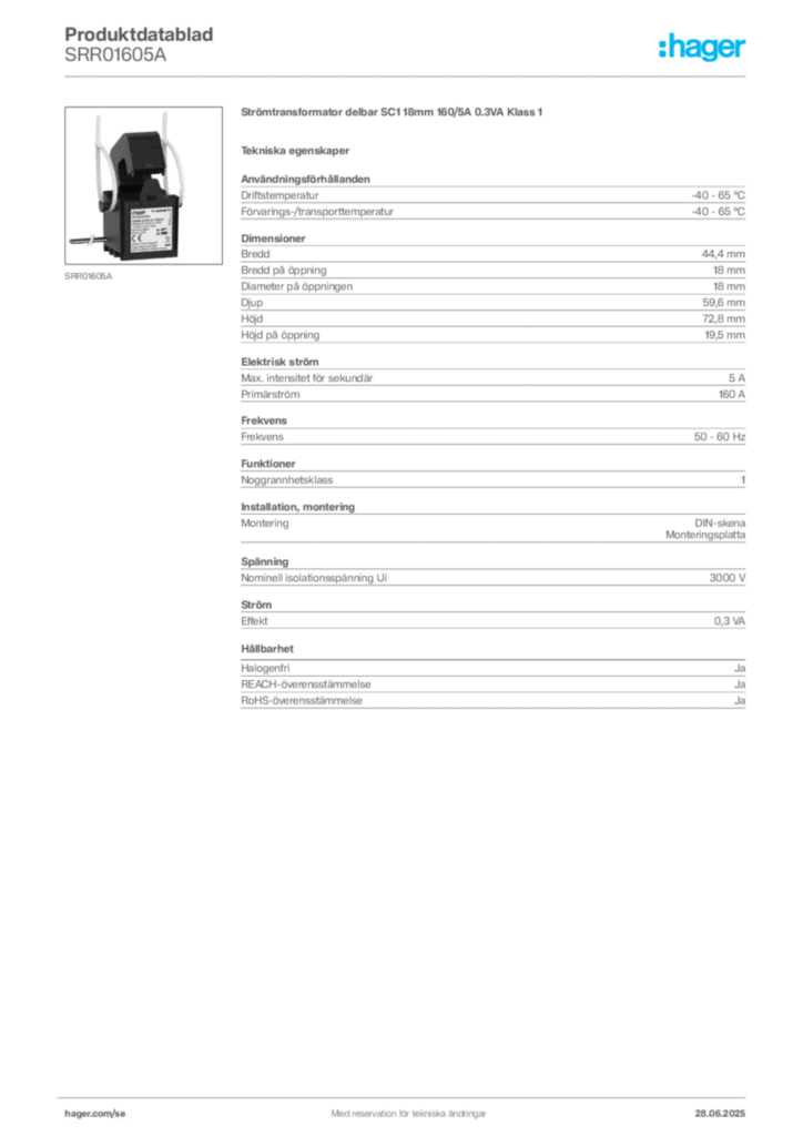 Bild Hager Produktdatablad SRR01605A | Hager Sverige