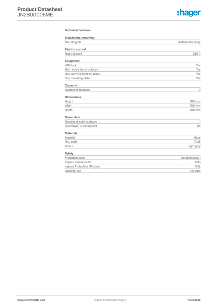 Image Hager Product data sheet JN2B00006ME  | Hager