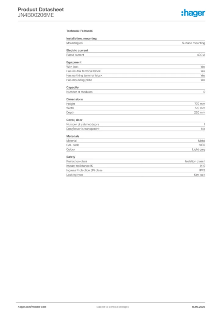 Image Hager Product data sheet JN4B00206ME  | Hager
