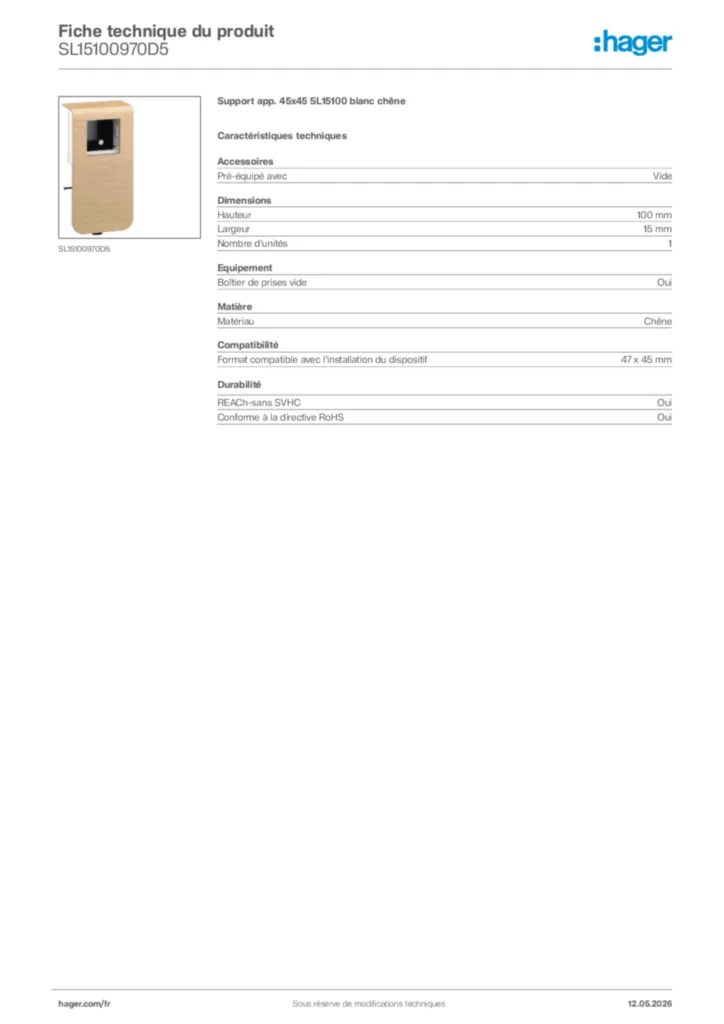Image Hager Fiche technique du produit SL15100970D5 | Hager France