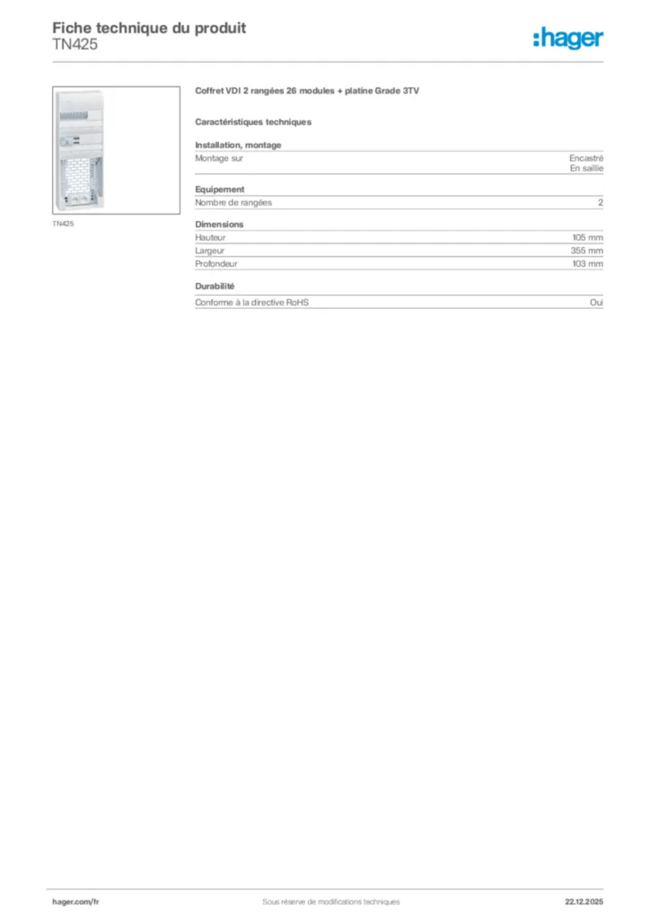 Image Hager Fiche technique du produit TN425 | Hager France