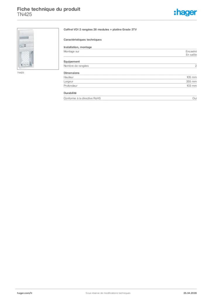 Image Hager Fiche technique du produit TN425 | Hager France