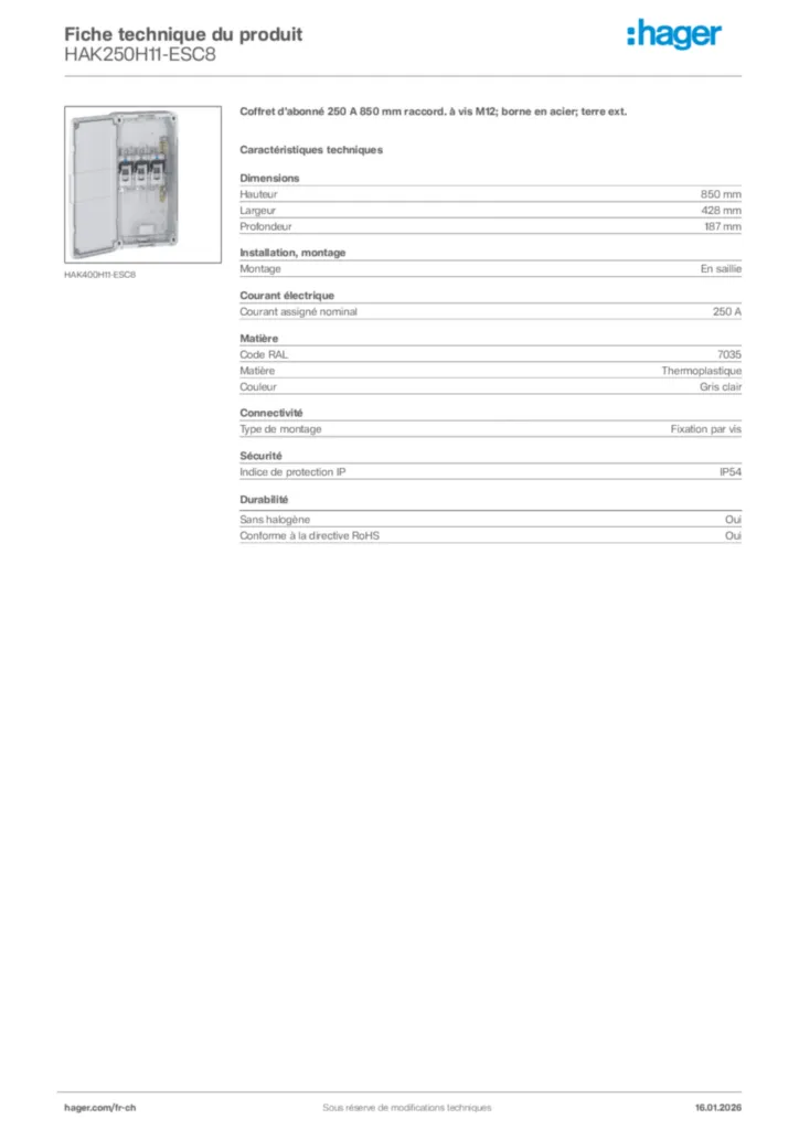 Image Hager Fiche technique du produit HAK250H11-ESC8 | Hager Suisse