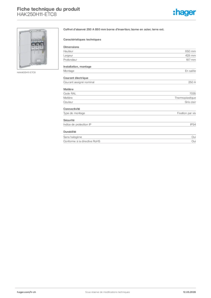 Image Hager Fiche technique du produit HAK250H11-ETC8 | Hager Suisse