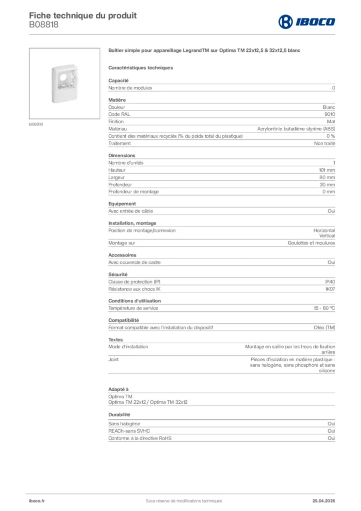 Image Iboco Fiche technique du produit B08818 | Hager France