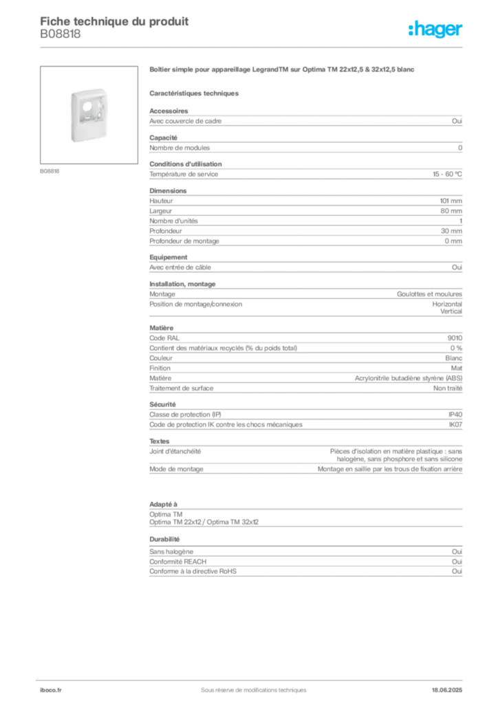 Image Iboco Fiche technique du produit B08818 | Hager France