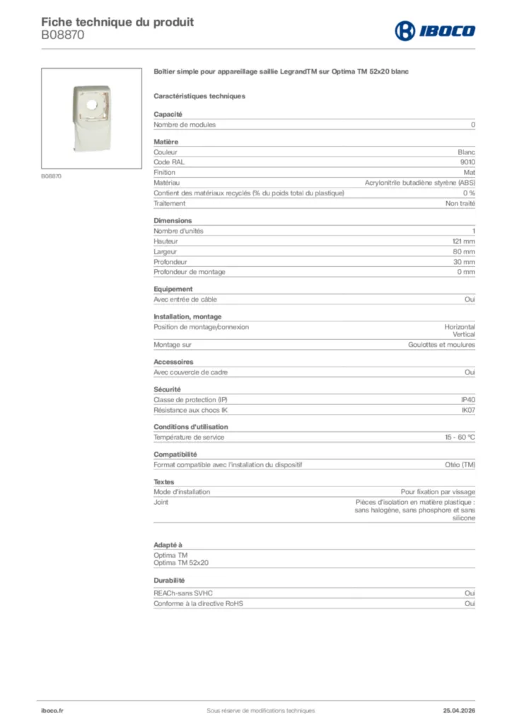 Image Iboco Fiche technique du produit B08870 | Hager France