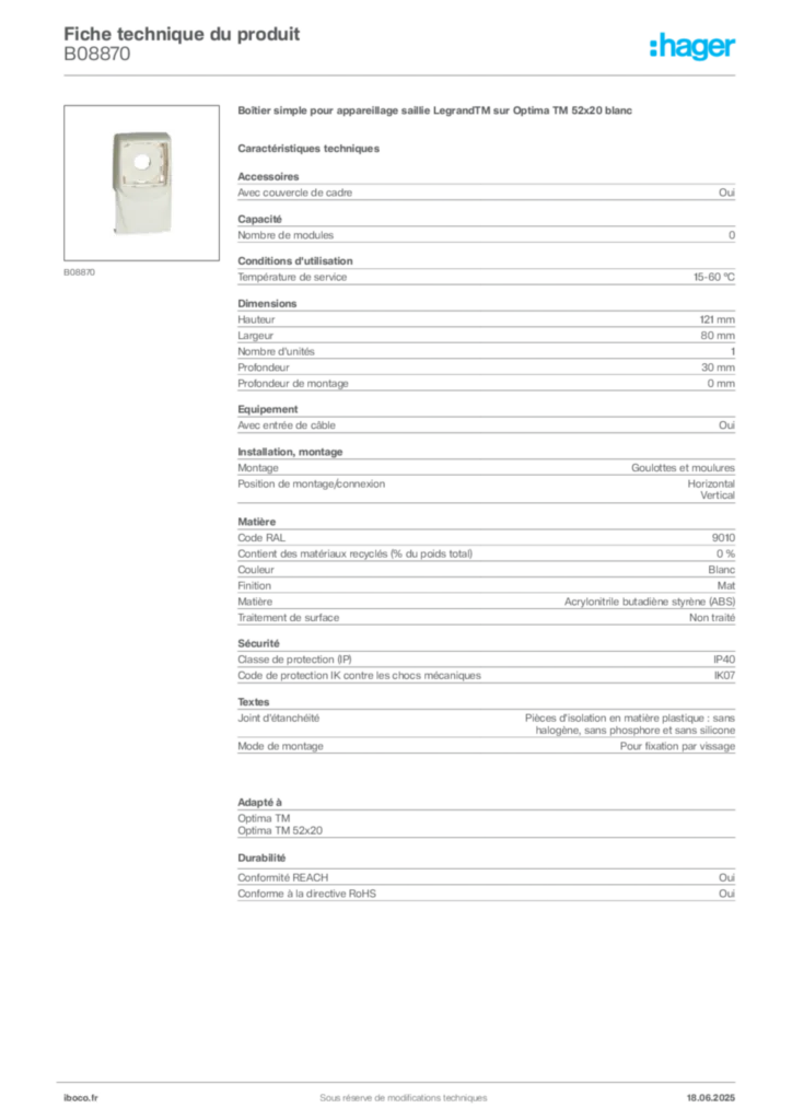 Image Iboco Fiche technique du produit B08870 | Hager France