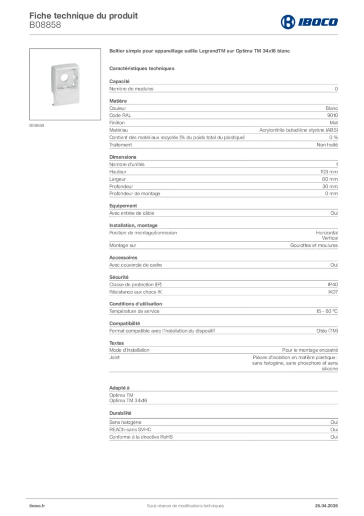 Image Iboco Fiche technique du produit B08858 | Hager France