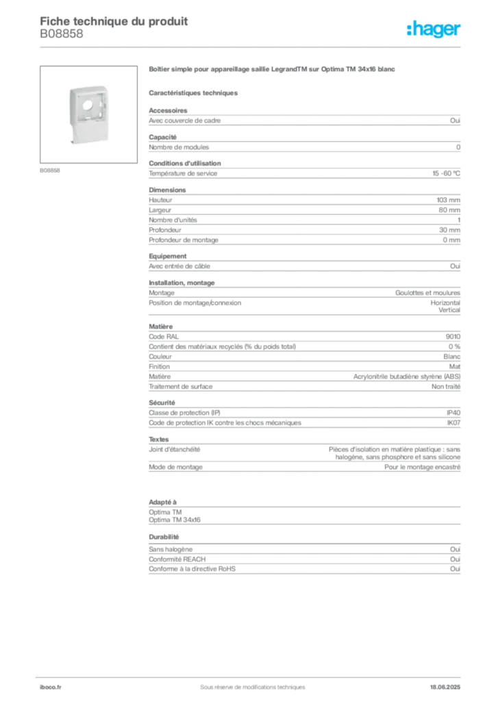 Image Iboco Fiche technique du produit B08858 | Hager France