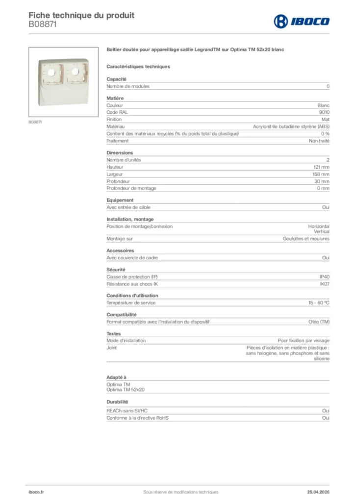 Image Iboco Fiche technique du produit B08871 | Hager France