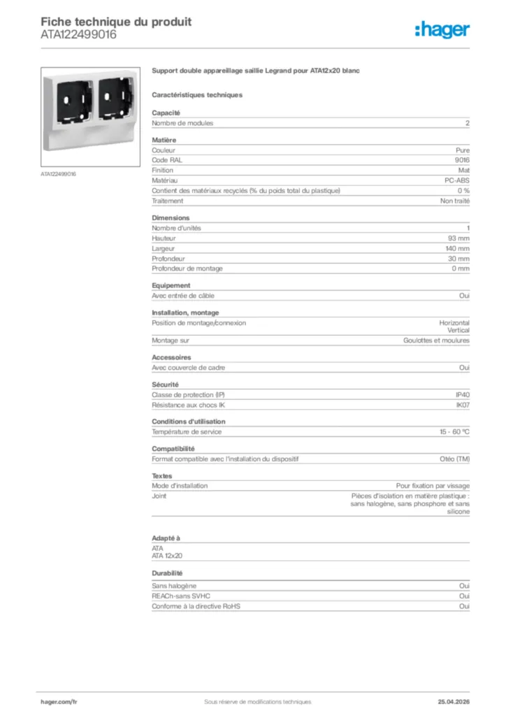 Image Hager Fiche technique du produit ATA122499016 | Hager France
